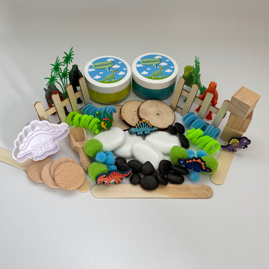 Dinosaur Land Playdough Kit. Handmade, scented playdough with dinosaur figurines and accessories. Super soft, non toxic and perfect for sensory play in Australia 