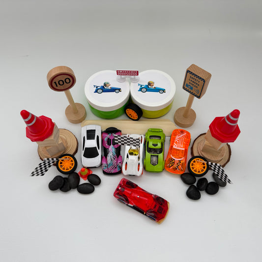 On The Go Racing Cars playdough kit. Handmade scented playdough with race car accessories for creative sensory play. 